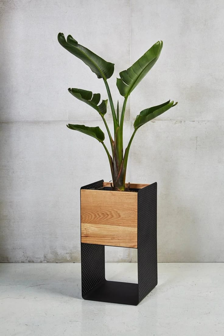 modern wood planter with a black metal stand/frame.